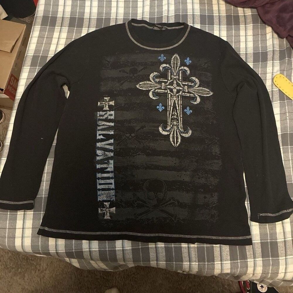 Men's Black Graphic Under Shirt XXL Crew Neck Long Sleeve Cross Skull Logo Y2K